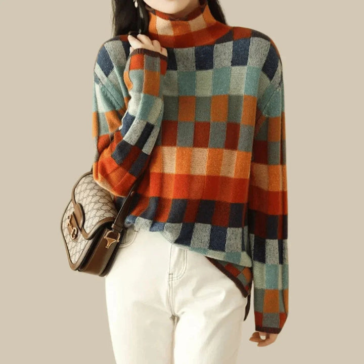 Lily | Women's Patchwork Roll Neck Knitted Jumper Oversized Fit
