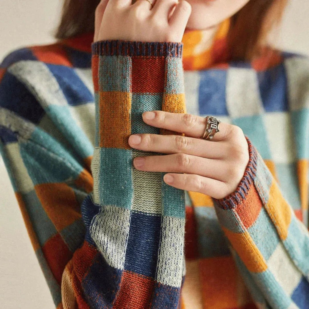 Lily | Women's Patchwork Roll Neck Knitted Jumper Oversized Fit