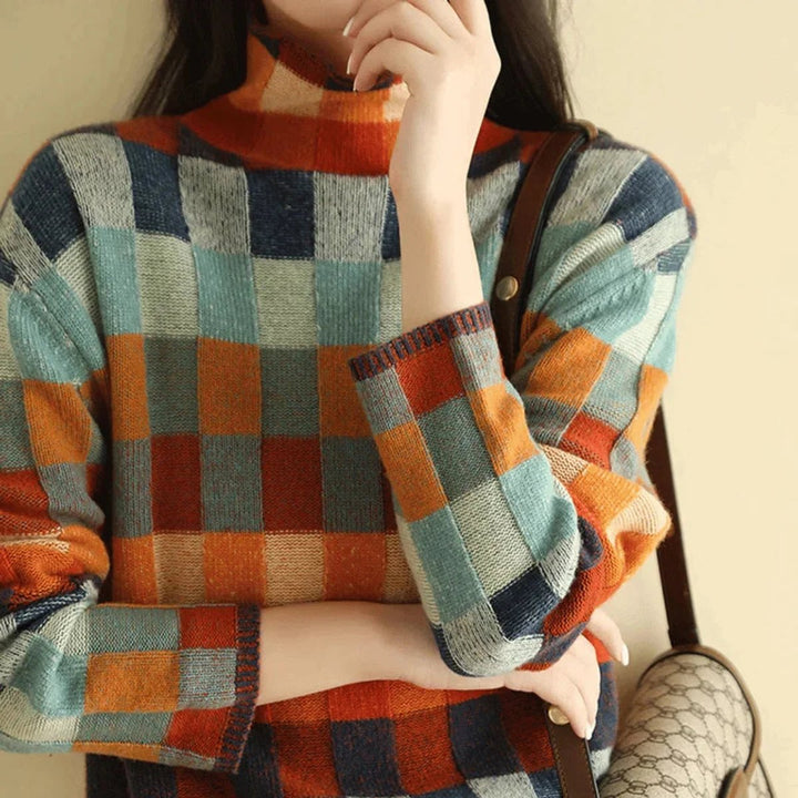 Lily | Women's Patchwork Roll Neck Knitted Jumper Oversized Fit
