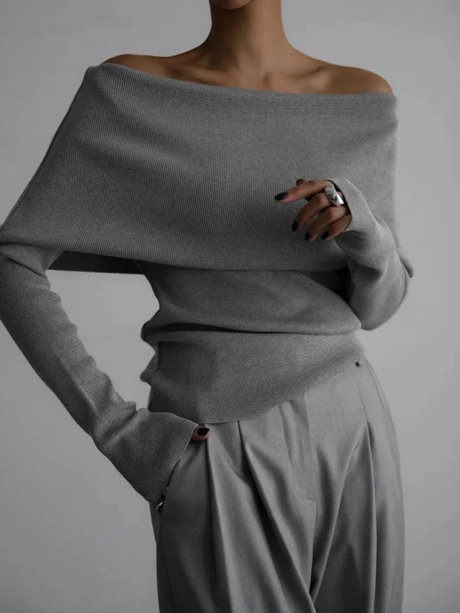 Phoebe | Women's Off-Shoulder Knitted Jumper Boat Neck Ribbed Cuffs
