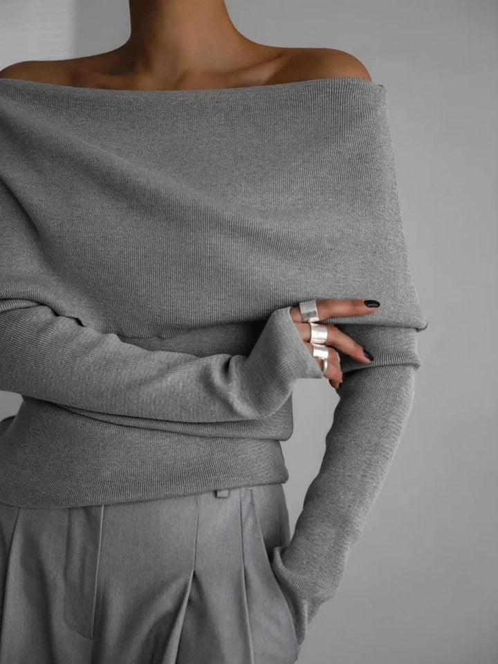 Phoebe | Women's Off-Shoulder Knitted Jumper Boat Neck Ribbed Cuffs