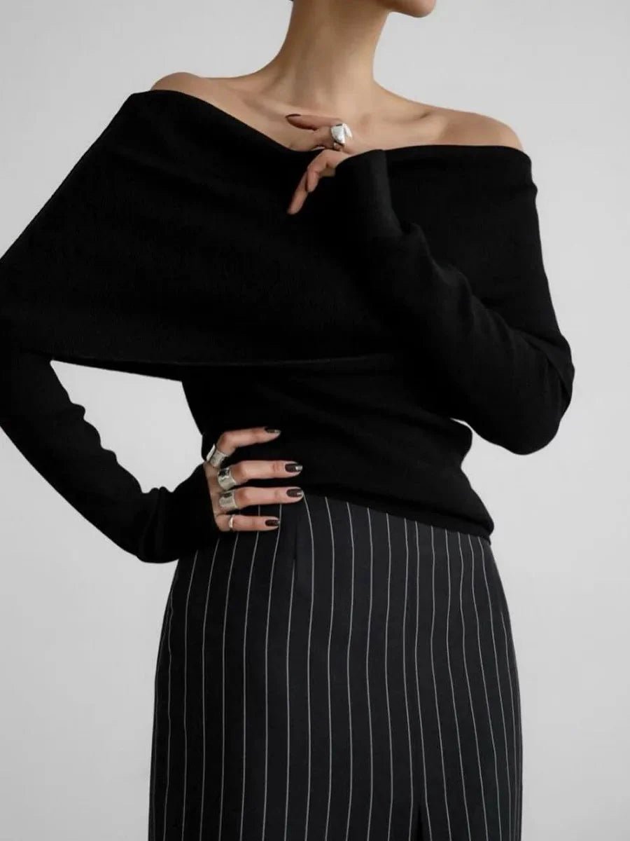 Phoebe | Women's Off-Shoulder Knitted Jumper Boat Neck Ribbed Cuffs