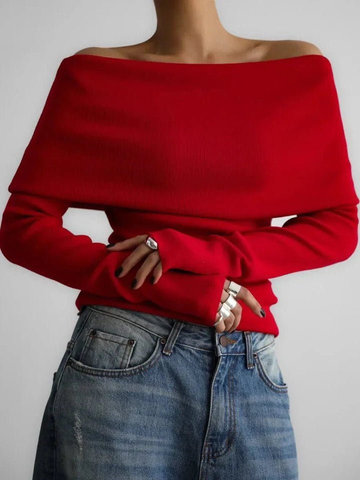 Phoebe | Women's Off-Shoulder Knitted Jumper Boat Neck Ribbed Cuffs