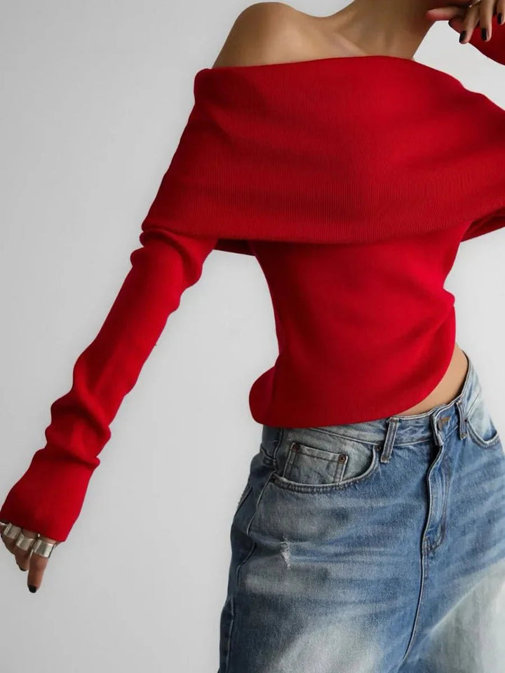 Phoebe | Women's Off-Shoulder Knitted Jumper Boat Neck Ribbed Cuffs