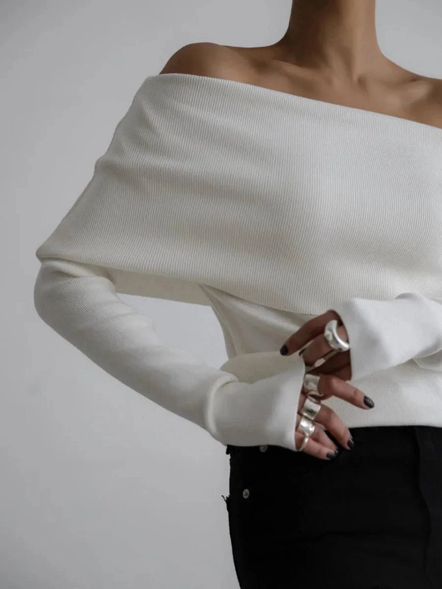 Phoebe | Women's Off-Shoulder Knitted Jumper Boat Neck Ribbed Cuffs