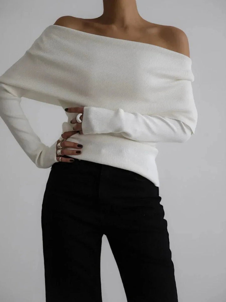 Phoebe | Women's Off-Shoulder Knitted Jumper Boat Neck Ribbed Cuffs