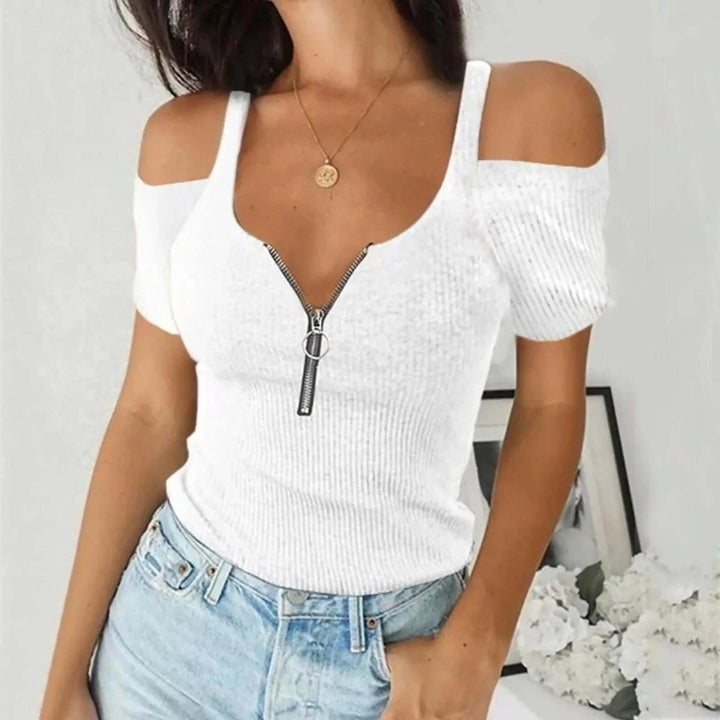 Lily | Women's Off-Shoulder Ribbed Knit Zip-Front Blouse Top