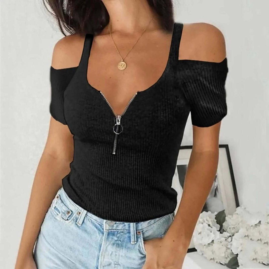 Lily | Women's Off-Shoulder Ribbed Knit Zip-Front Blouse Top