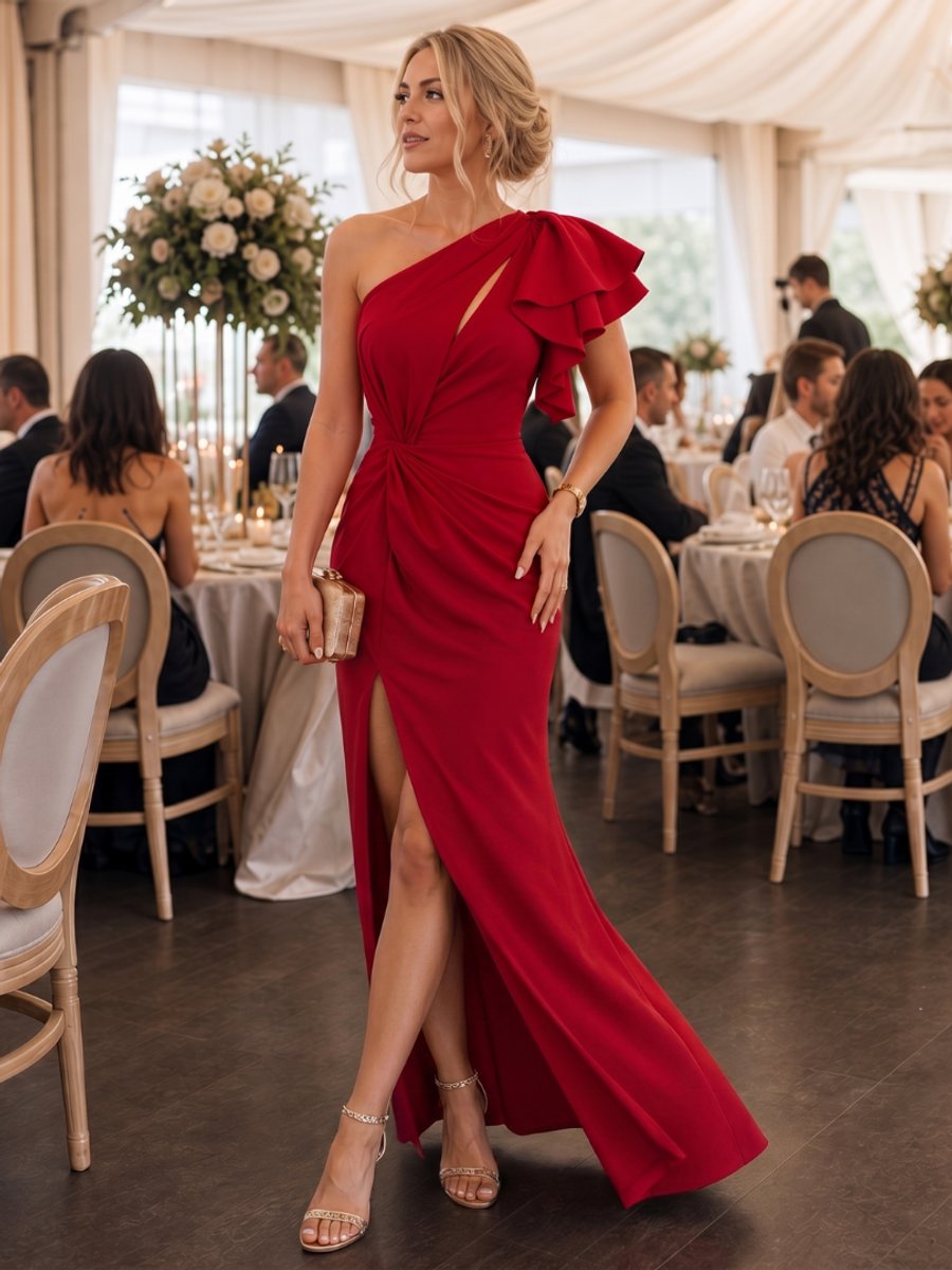 Freya | Women's One Shoulder Draped Christmas Party Dress Side Slit