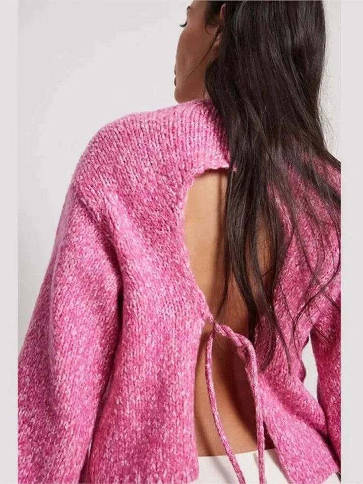Ava | Women's Open-Back Cropped Knit Jumper Long Sleeve Tie Back