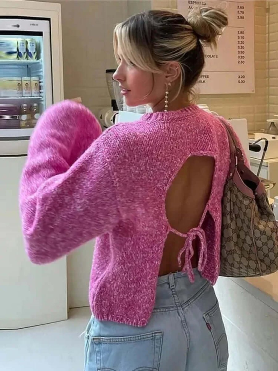 Ava | Women's Open-Back Cropped Knit Jumper Long Sleeve Tie Back