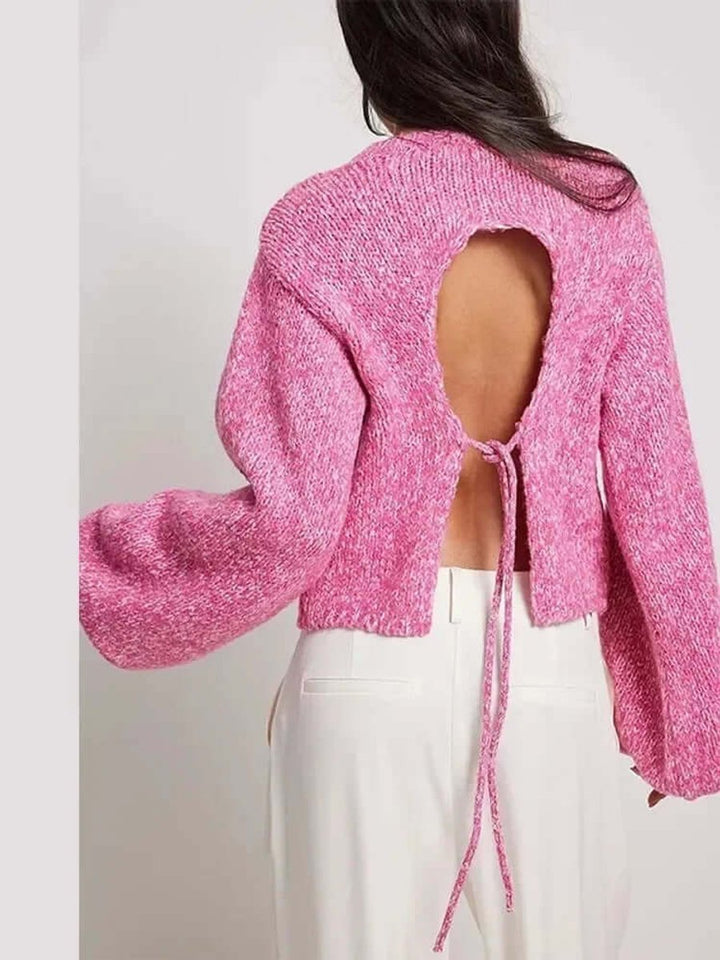 Ava | Women's Open-Back Cropped Knit Jumper Long Sleeve Tie Back