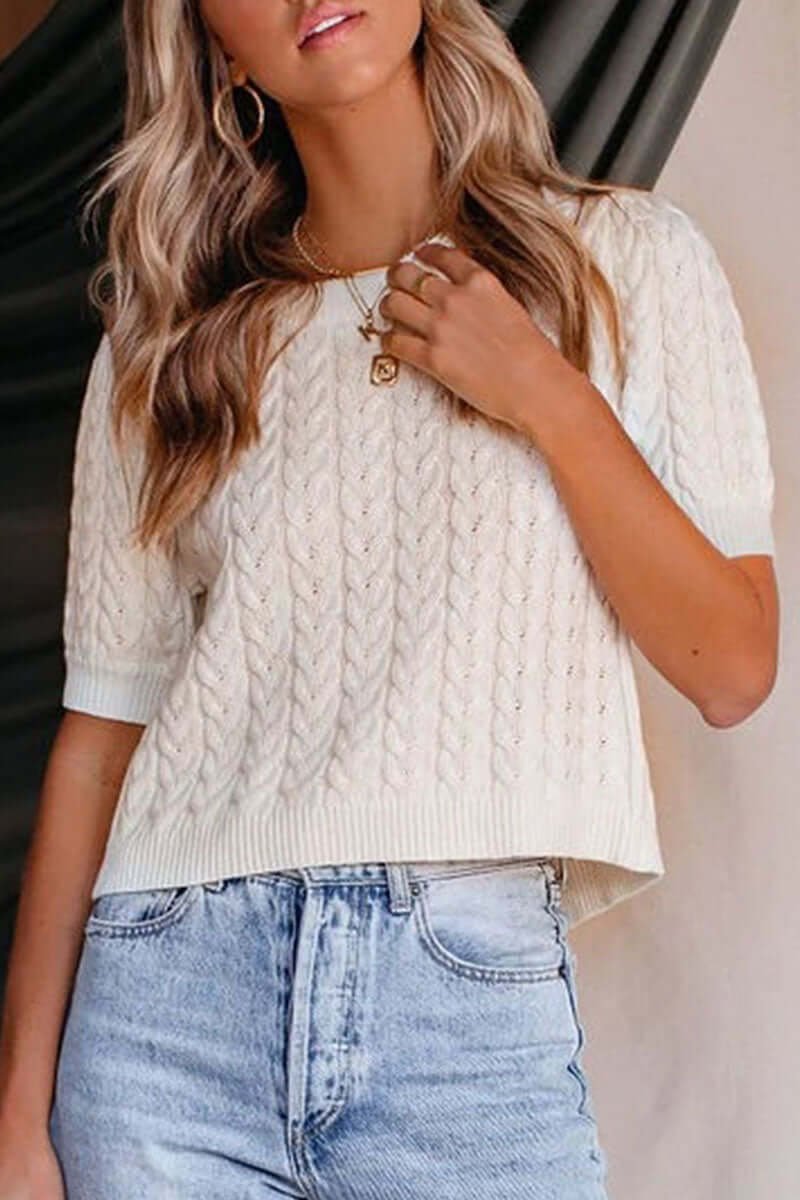 Emily | Women's Cable-Knit Open-Back Tie-Waist Short Puff Sleeve Top