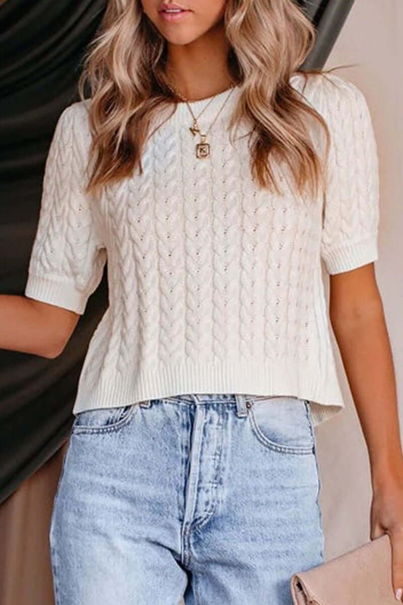 Emily | Women's Cable-Knit Open-Back Tie-Waist Short Puff Sleeve Top