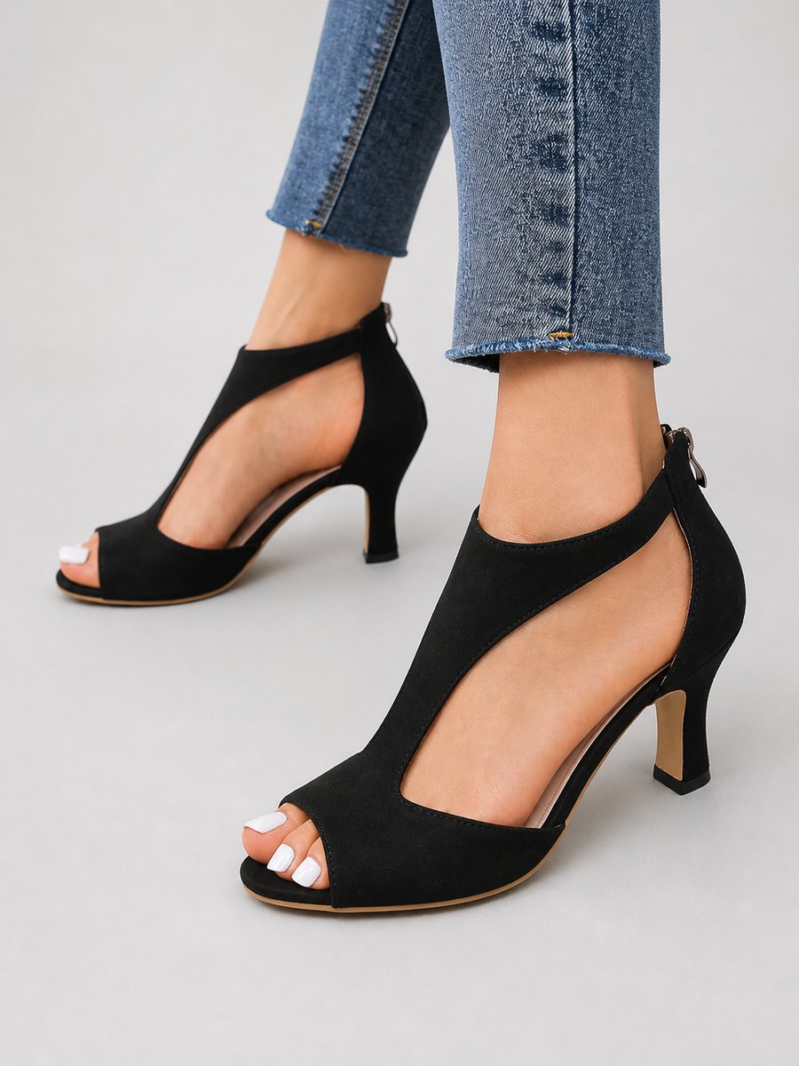 Freya | Women's Open-Toe Block-Heel Ankle Boots Suede-Look Heeled Sandal