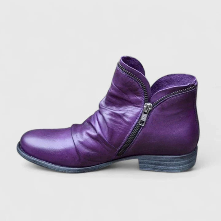 Florence | Women's Orthopedic Ruched Leather Ankle Boots Block Heel Zip