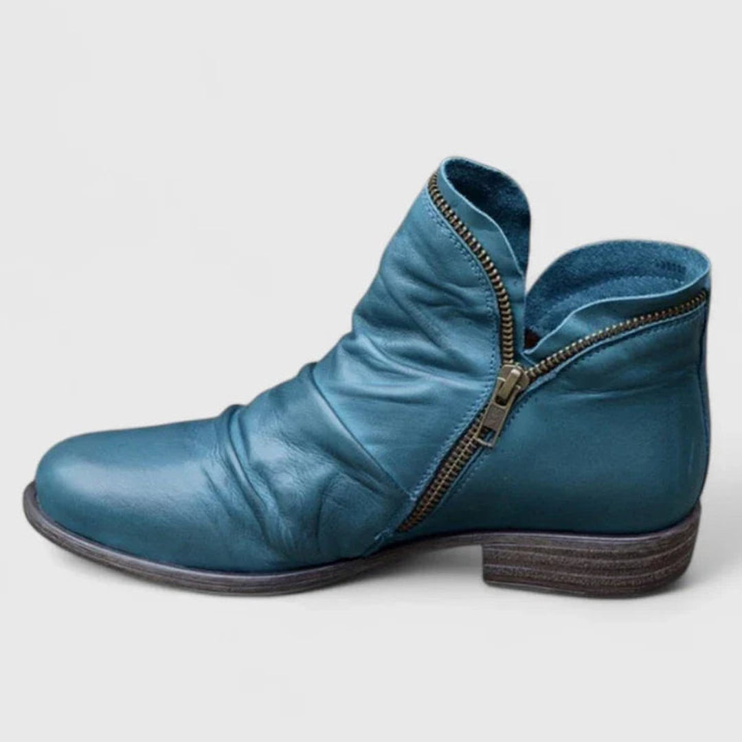 Florence | Women's Orthopedic Ruched Leather Ankle Boots Block Heel Zip