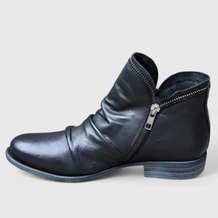 Florence | Women's Orthopedic Ruched Leather Ankle Boots Block Heel Zip