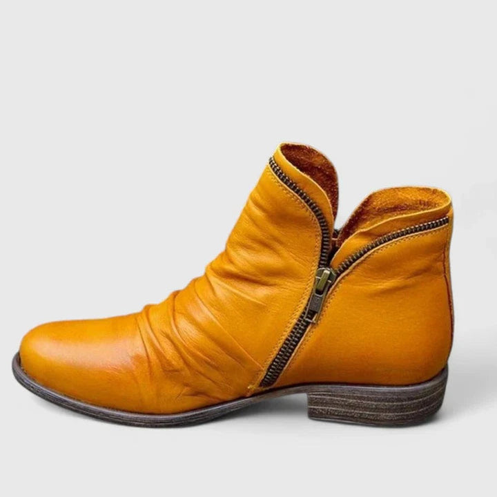 Florence | Women's Orthopedic Ruched Leather Ankle Boots Block Heel Zip