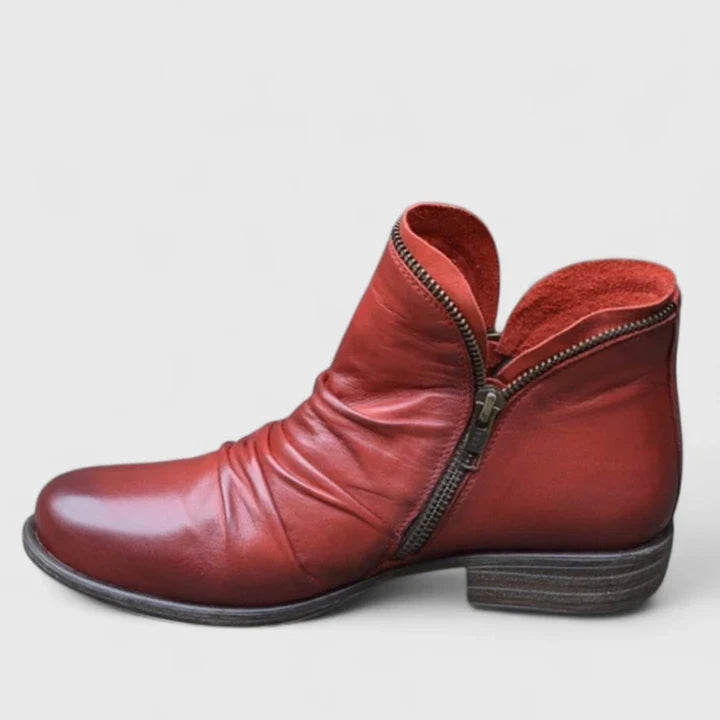 Florence | Women's Orthopedic Ruched Leather Ankle Boots Block Heel Zip