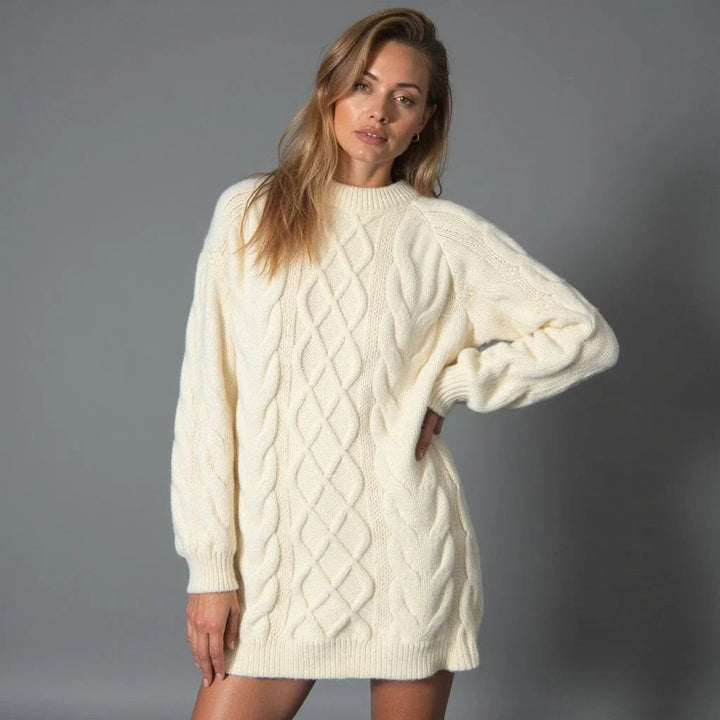 Emily | Women's Oversized Cable Knit Jumper Dress Crew Neck Drop Shoulder