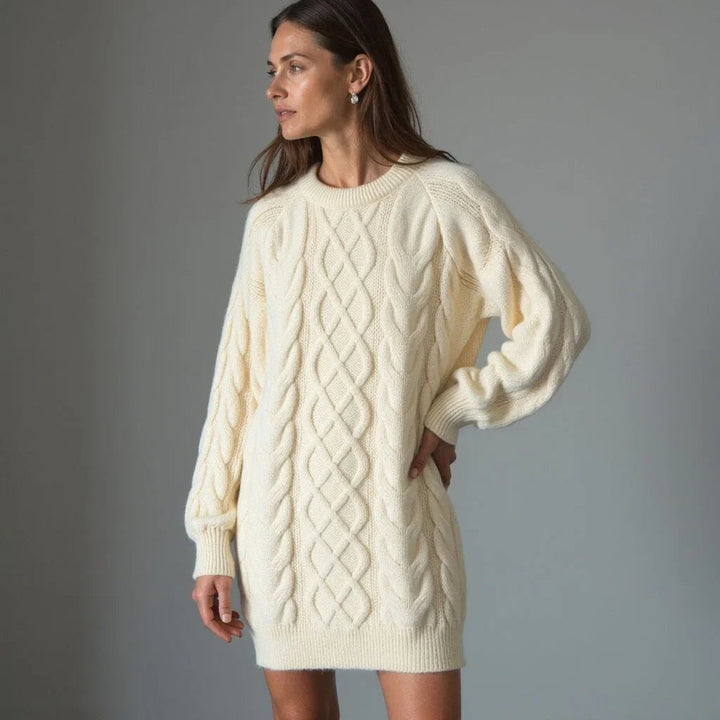 Emily | Women's Oversized Cable Knit Jumper Dress Crew Neck Drop Shoulder