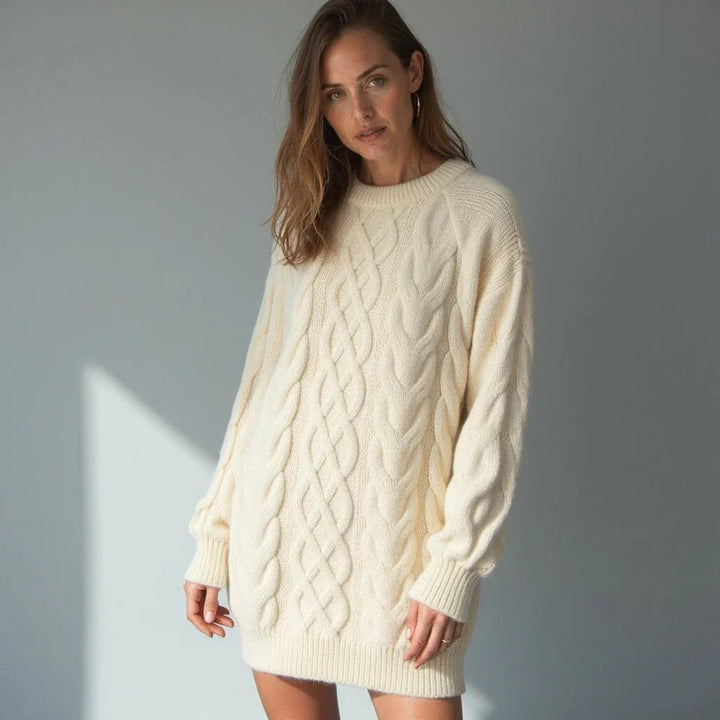 Emily | Women's Oversized Cable Knit Jumper Dress Crew Neck Drop Shoulder