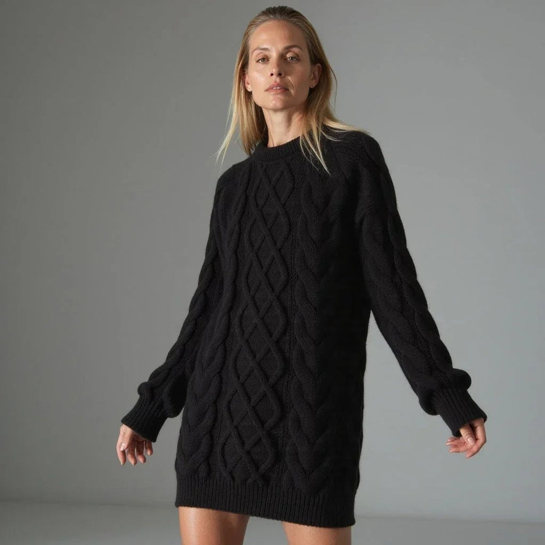 Emily | Women's Oversized Cable Knit Jumper Dress Crew Neck Drop Shoulder