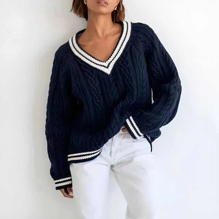 Evelyn | Women's Oversized Cable Knit V-Neck Jumper Varsity Stripe