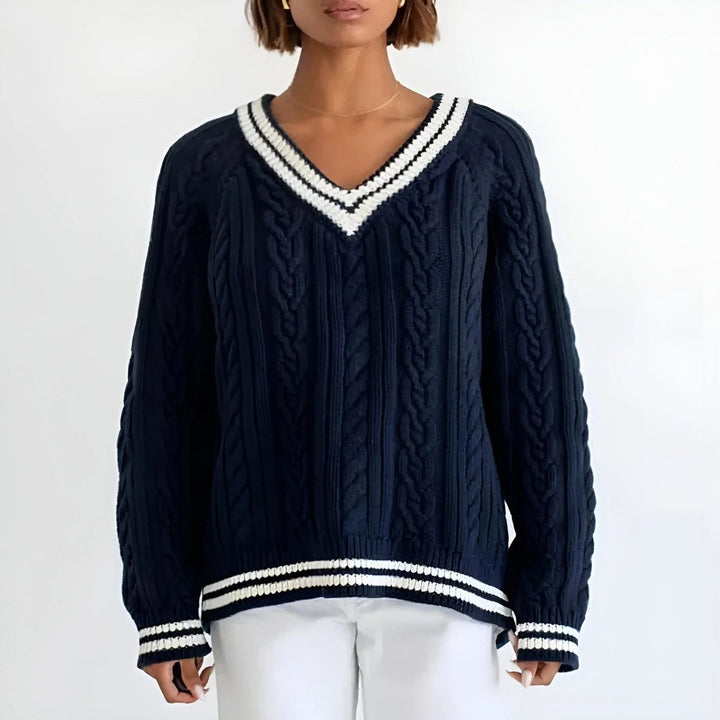 Evelyn | Women's Oversized Cable Knit V-Neck Jumper Varsity Stripe