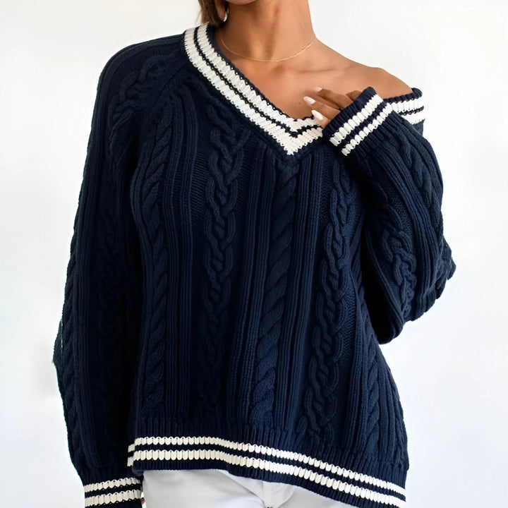 Evelyn | Women's Oversized Cable Knit V-Neck Jumper Varsity Stripe