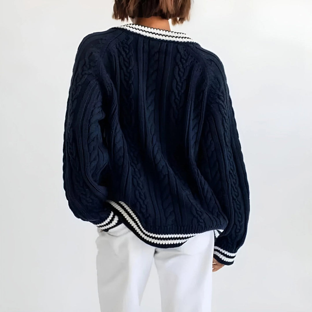 Evelyn | Women's Oversized Cable Knit V-Neck Jumper Varsity Stripe