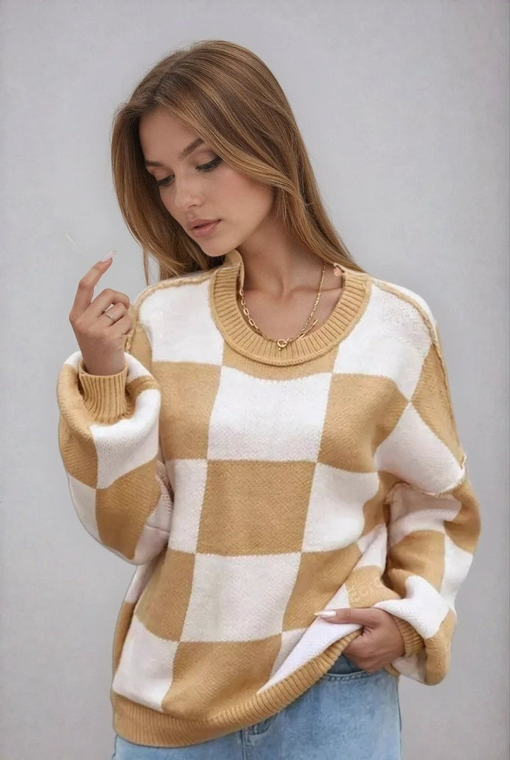 Scarlett | Women's Oversized Checked Knitted Jumper Ribbed Crew Neck