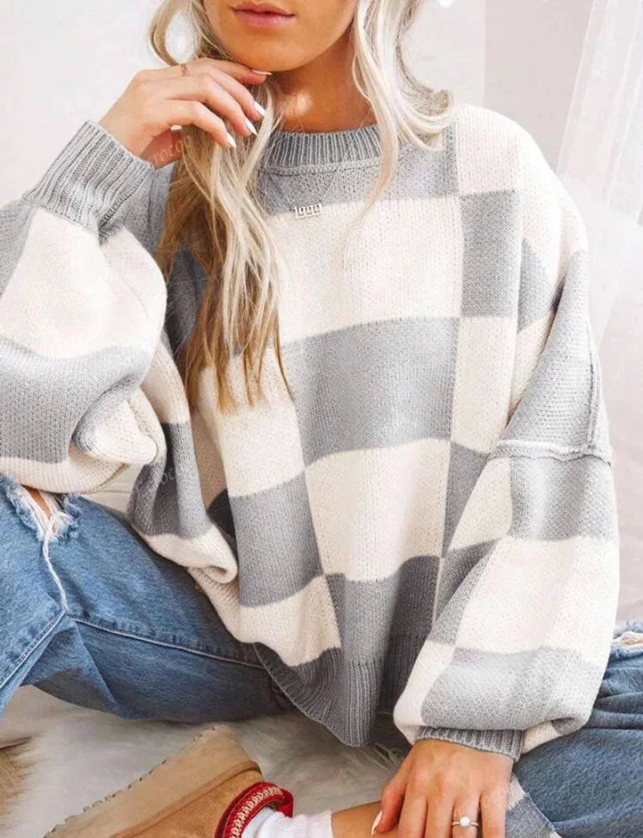 Scarlett | Women's Oversized Checked Knitted Jumper Ribbed Crew Neck