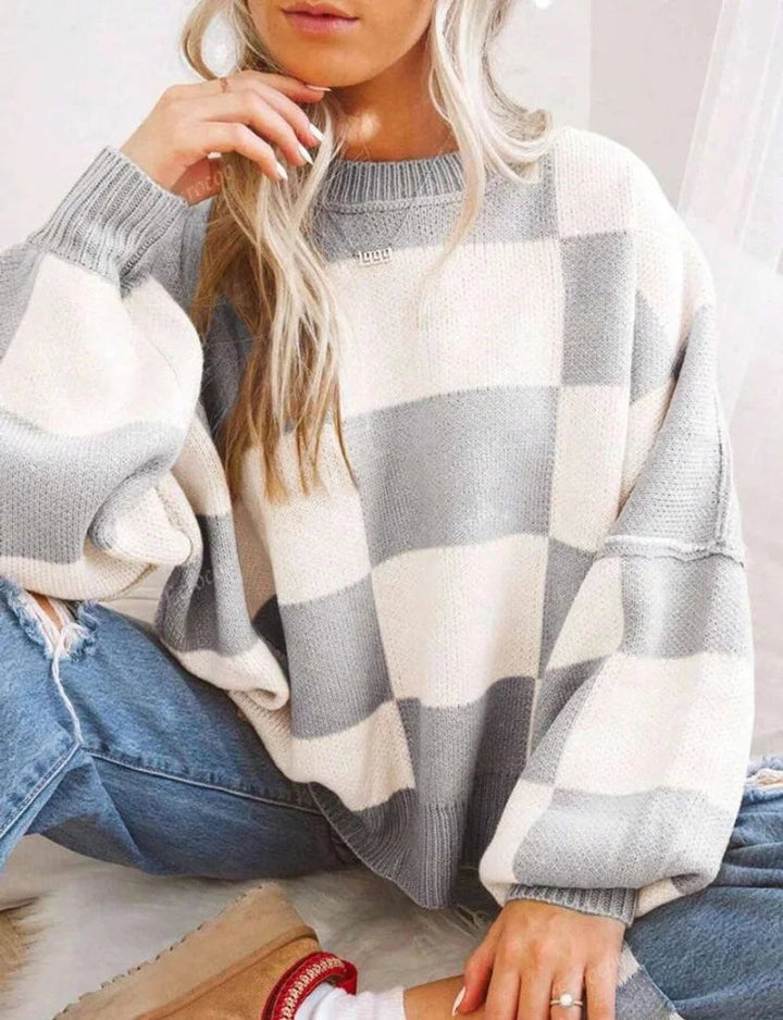 Scarlett | Women's Oversized Checked Knitted Jumper Ribbed Crew Neck