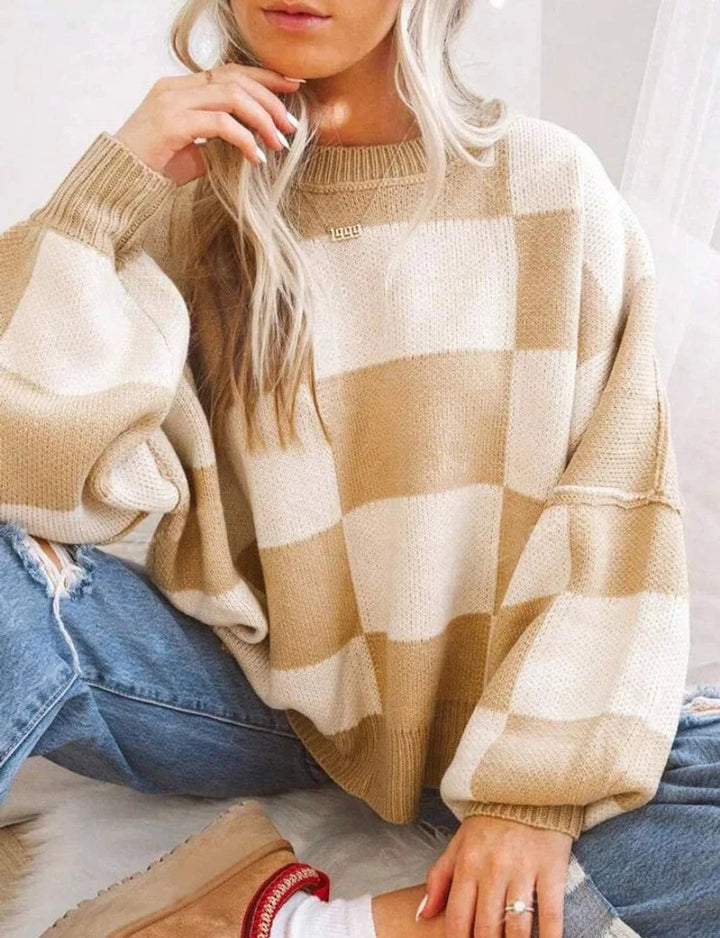 Scarlett | Women's Oversized Checked Knitted Jumper Ribbed Crew Neck