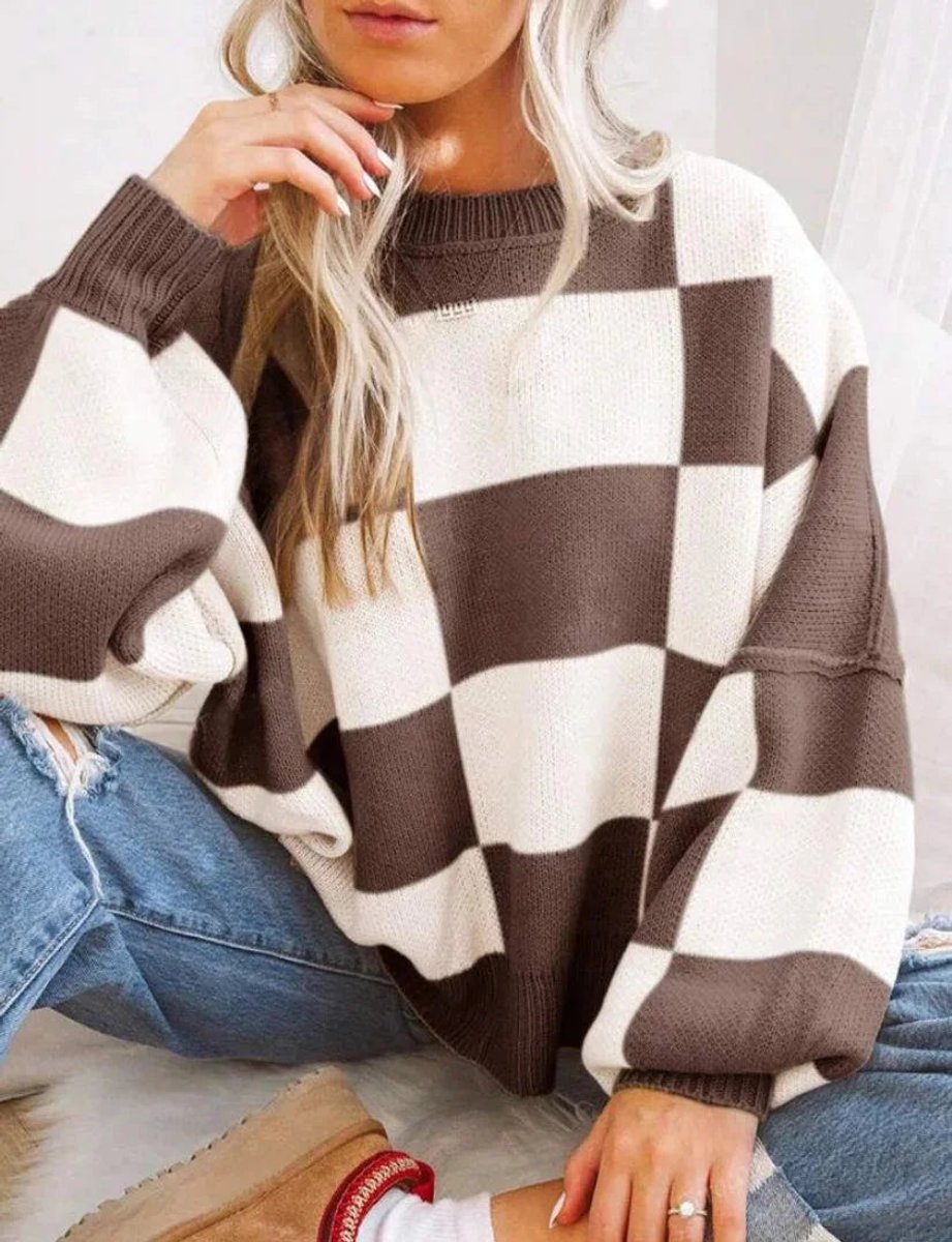 Scarlett | Women's Oversized Checked Knitted Jumper Ribbed Crew Neck