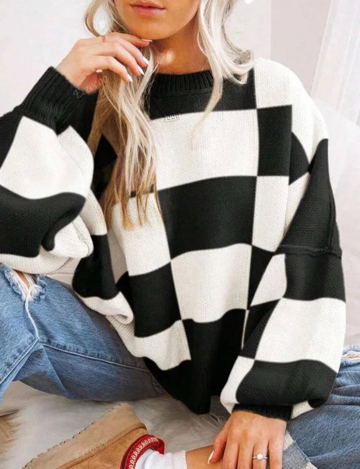Scarlett | Women's Oversized Checked Knitted Jumper Ribbed Crew Neck