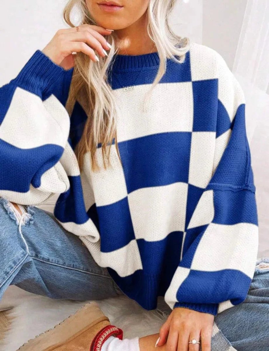 Scarlett | Women's Oversized Checked Knitted Jumper Ribbed Crew Neck