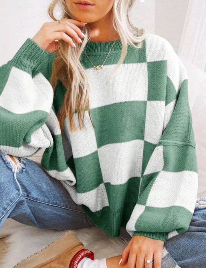 Scarlett | Women's Oversized Checked Knitted Jumper Ribbed Crew Neck