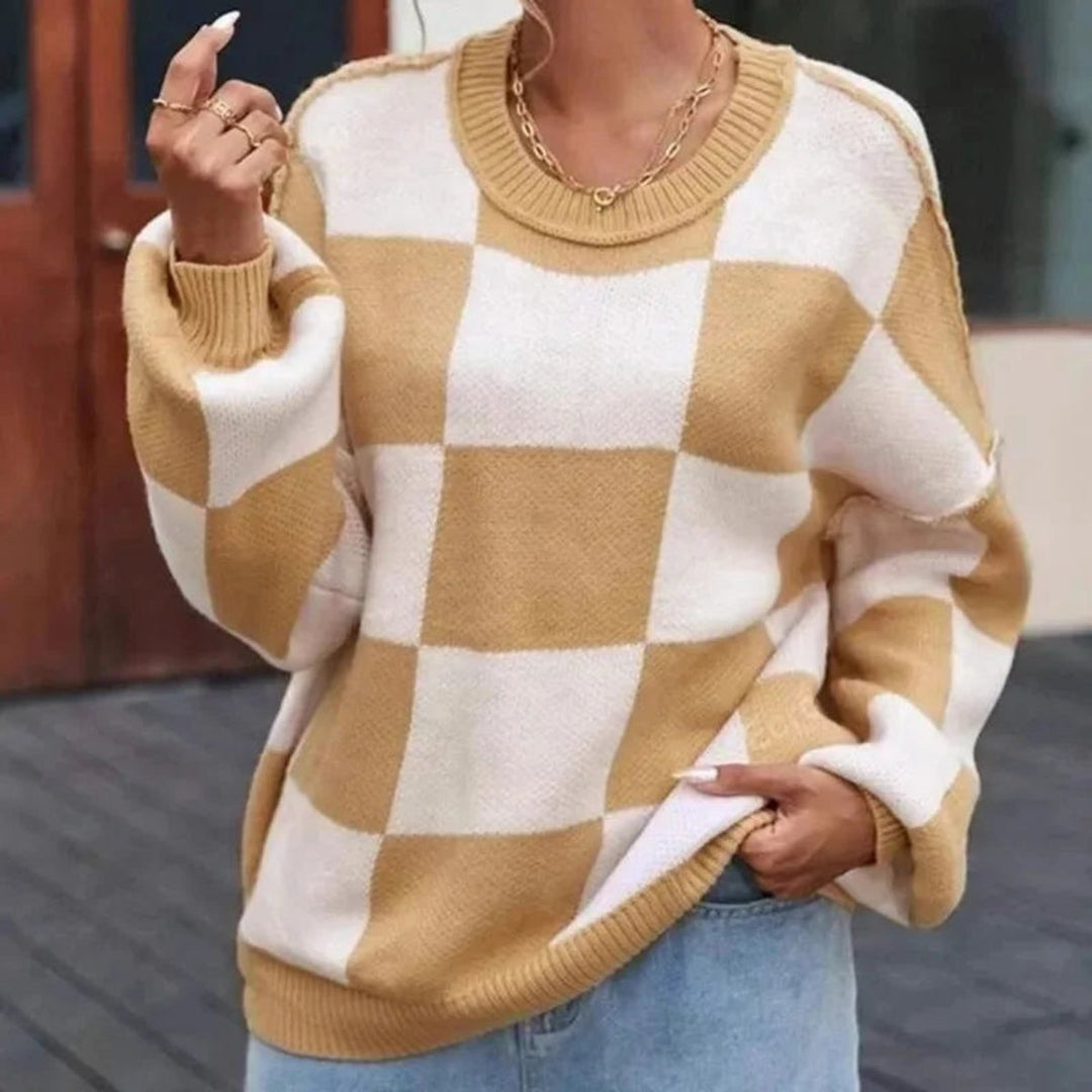 Scarlett | Women's Oversized Checked Knitted Jumper Ribbed Crew Neck