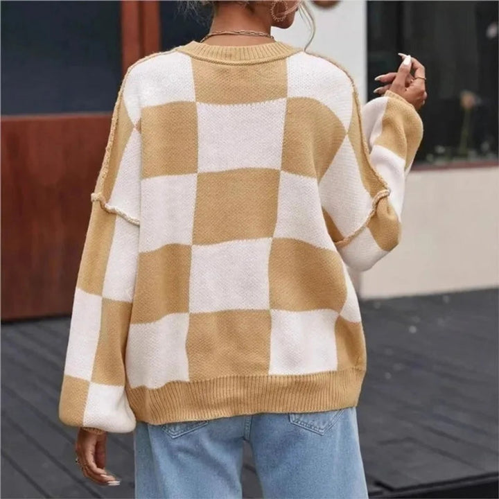 Scarlett | Women's Oversized Checked Knitted Jumper Ribbed Crew Neck