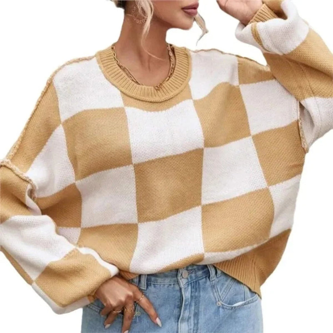 Scarlett | Women's Oversized Checked Knitted Jumper Ribbed Crew Neck