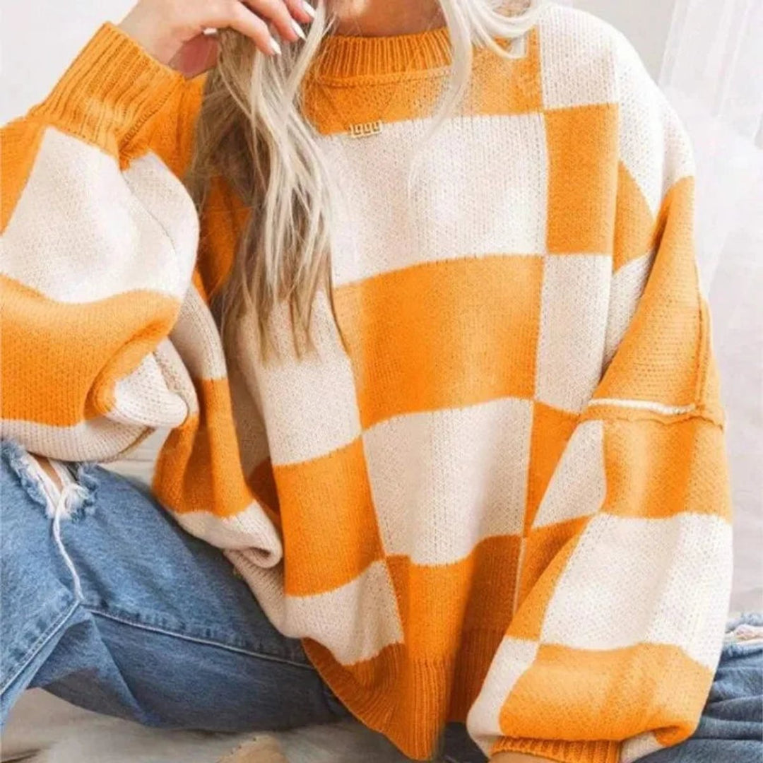 Scarlett | Women's Oversized Checked Knitted Jumper Ribbed Crew Neck