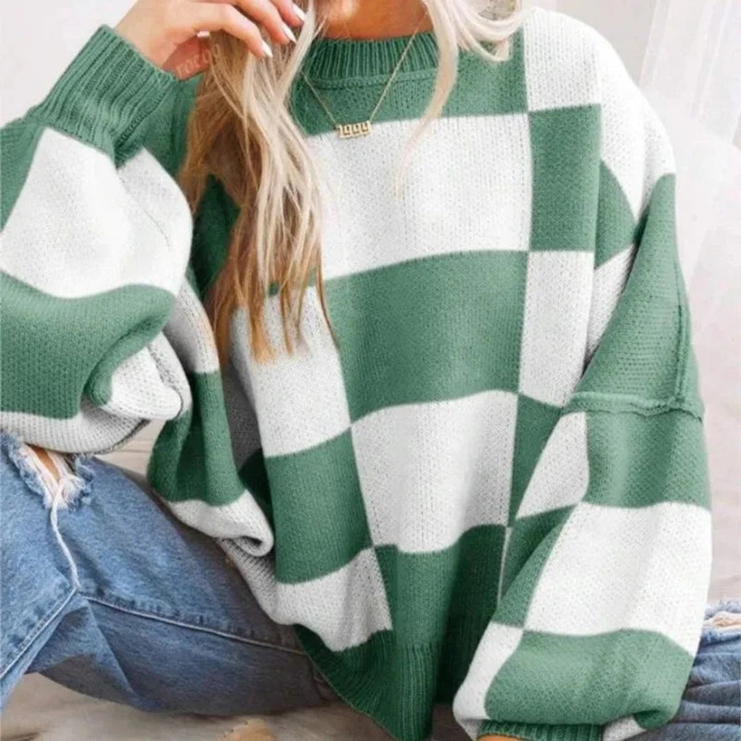 Scarlett | Women's Oversized Checked Knitted Jumper Ribbed Crew Neck