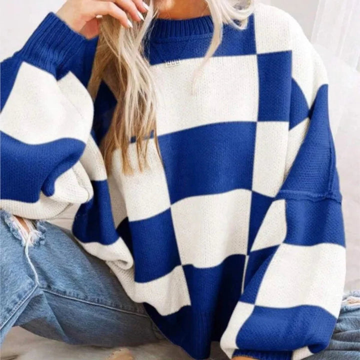 Scarlett | Women's Oversized Checked Knitted Jumper Ribbed Crew Neck