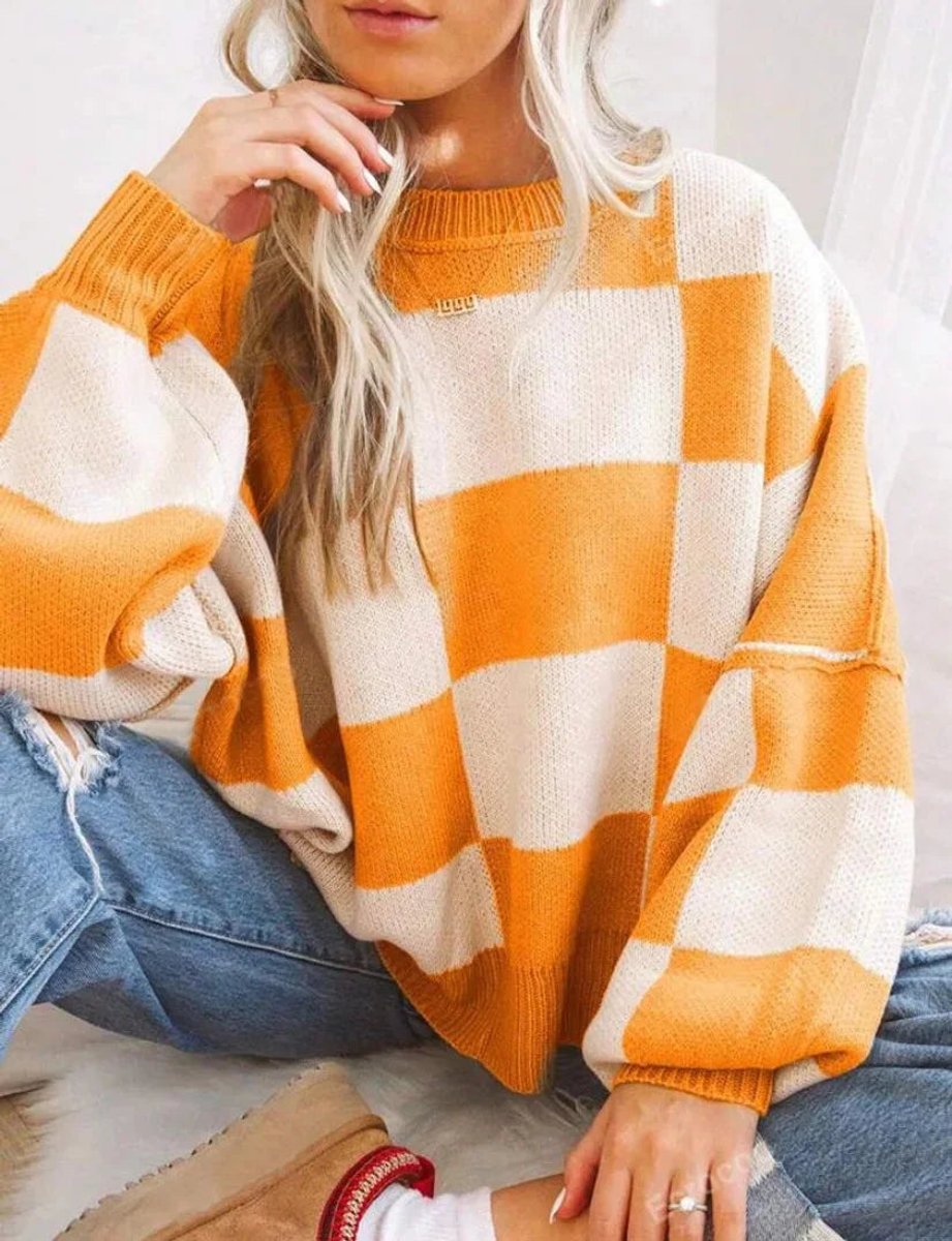 Scarlett | Women's Oversized Checked Knitted Jumper Ribbed Crew Neck