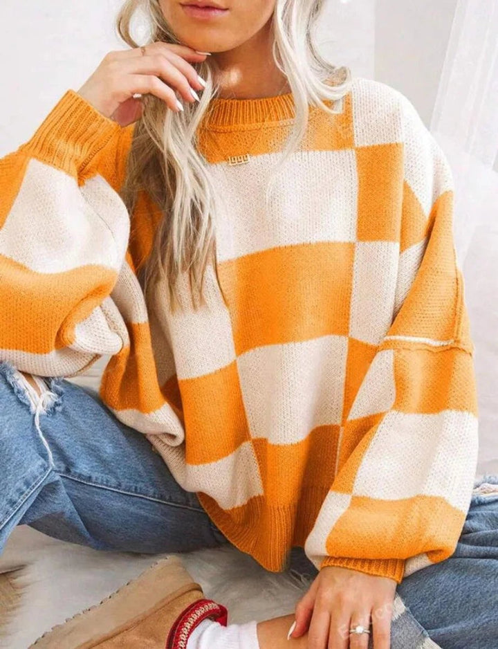 Scarlett | Women's Oversized Checked Knitted Jumper Ribbed Crew Neck