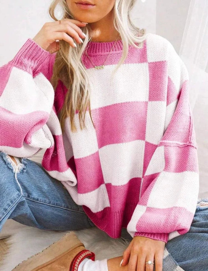 Scarlett | Women's Oversized Checked Knitted Jumper Ribbed Crew Neck