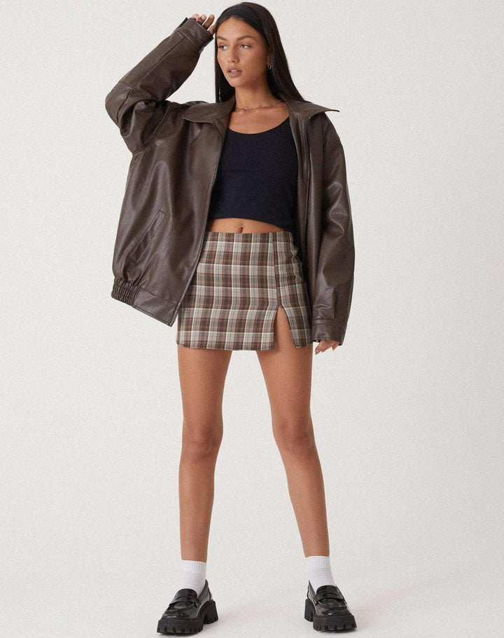 Olivia | Women's Oversized Faux Leather Bomber Coat Chocolate Brown